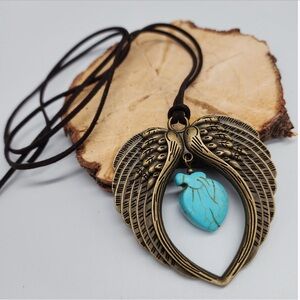 Angel Wing Pendant Long Necklace with Turquoise Heart